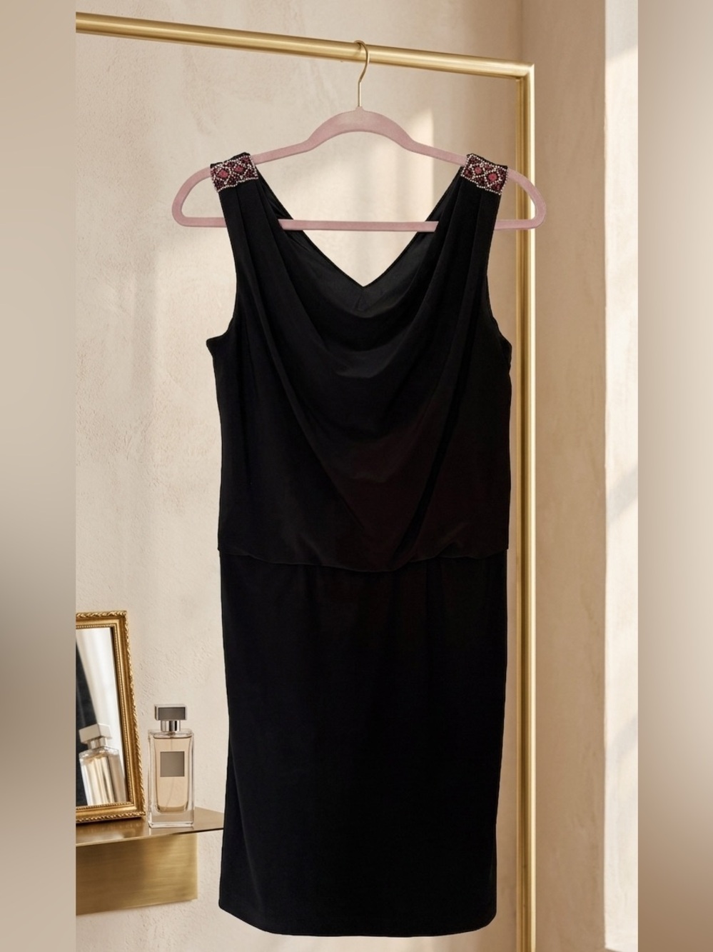 NWT White House Black Market Black Beaded Shoulder Cowl Midi Dress